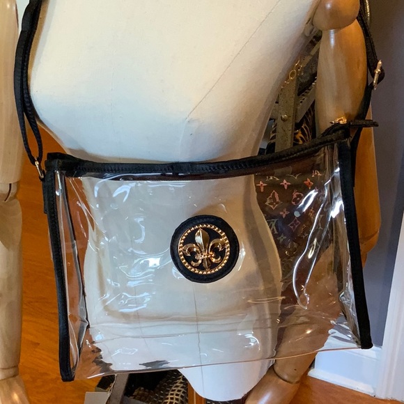 Clear stadium adjustable strap bag black trim Fleur De Lis emblem NWT - Picture 8 of 8